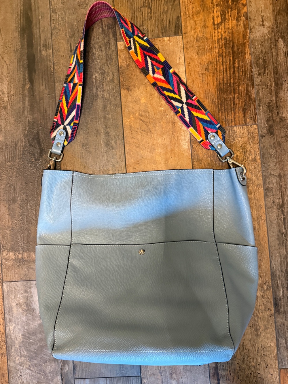 Saffiano Leather Shoulder Bag in Light Blue with Colorful Strap